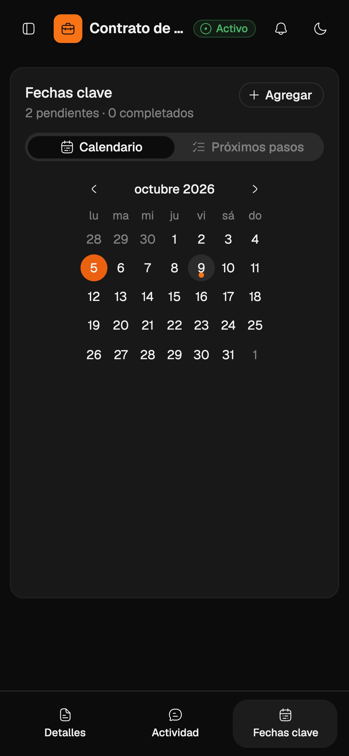 Caso en Leyer con calendario de fechas clave y documentos vinculados
