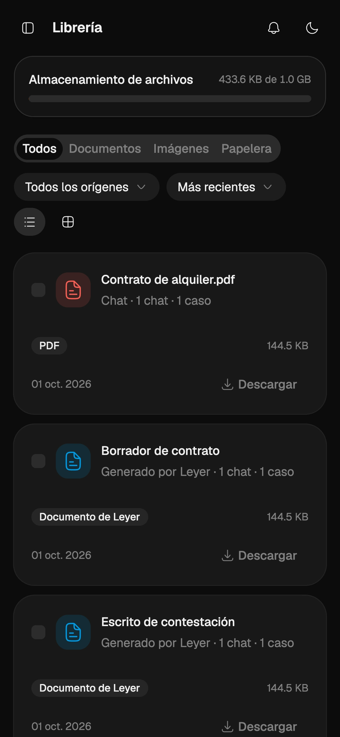 Librería de Leyer con documentos creados y archivos subidos