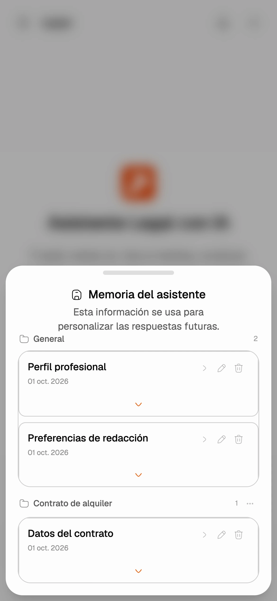 Memoria de Leyer organizada en información general y asuntos, con datos editables