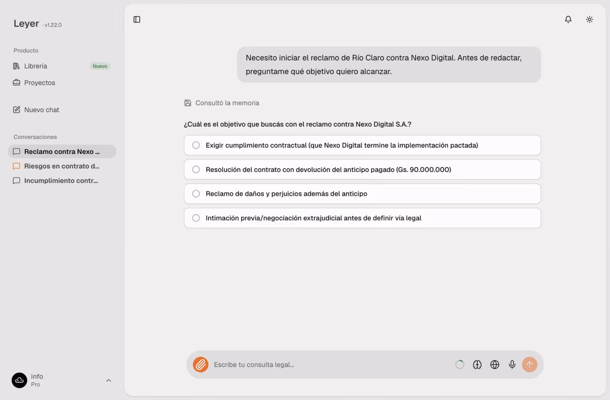 Leyer presentando opciones para precisar una estrategia legal